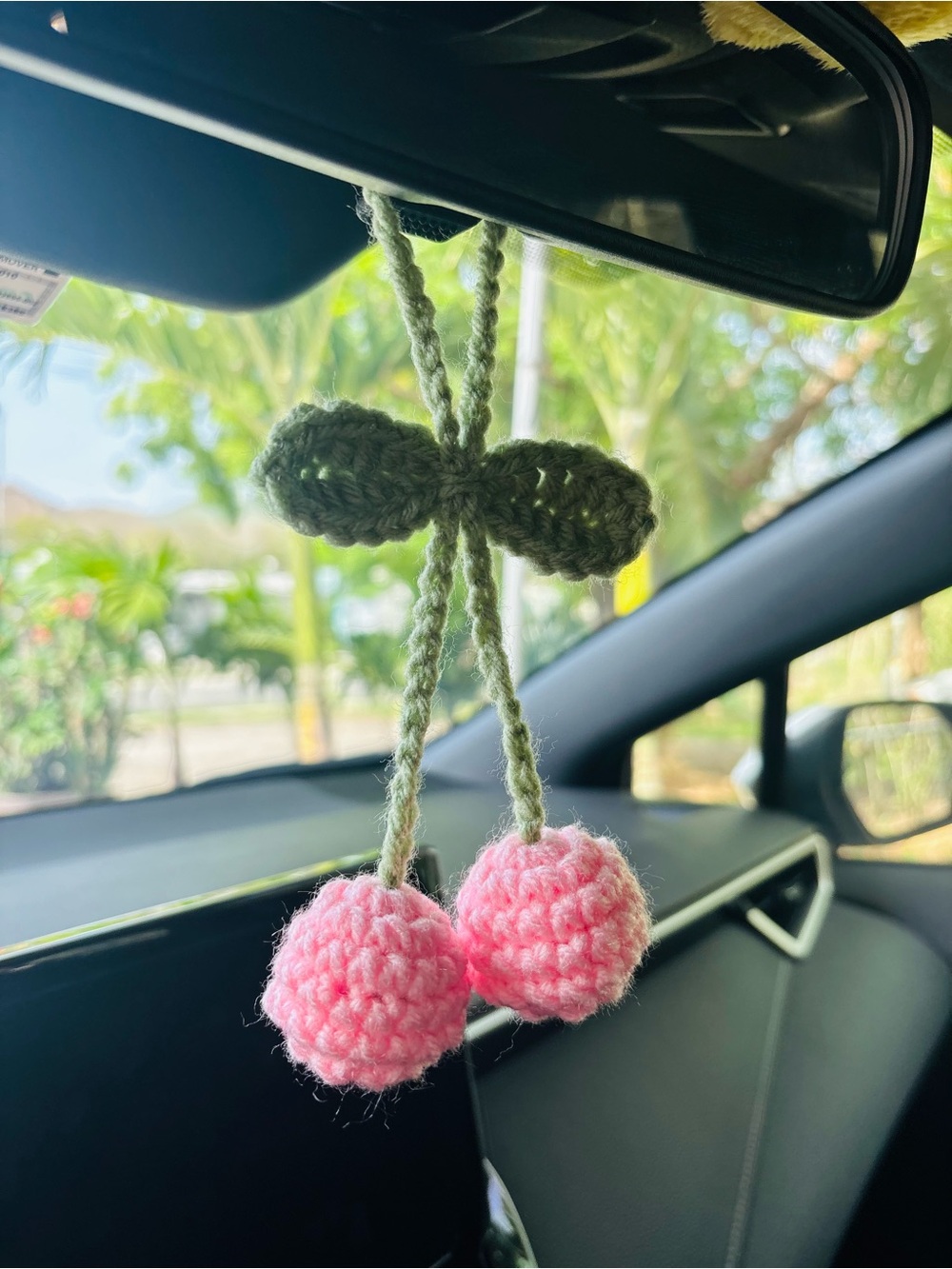 Handmade Crochet Cherry Car Charm - Pink
